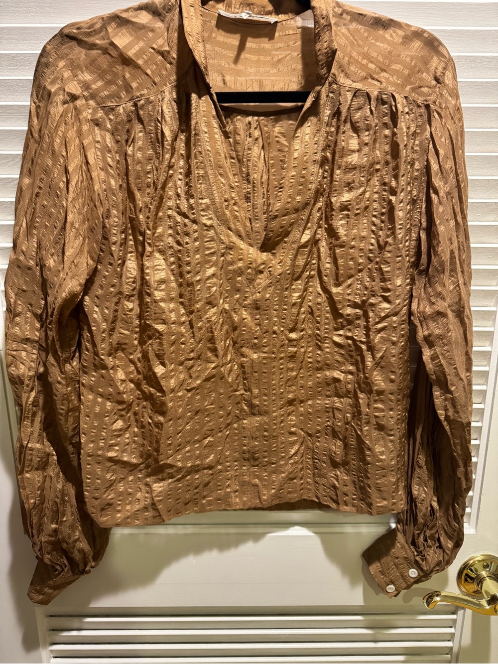 Women’s Long-Sleeve Textured 100% Silk Top in Camel